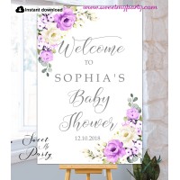 Purple Ivory Baby Shower Welcome Sign template,(144)